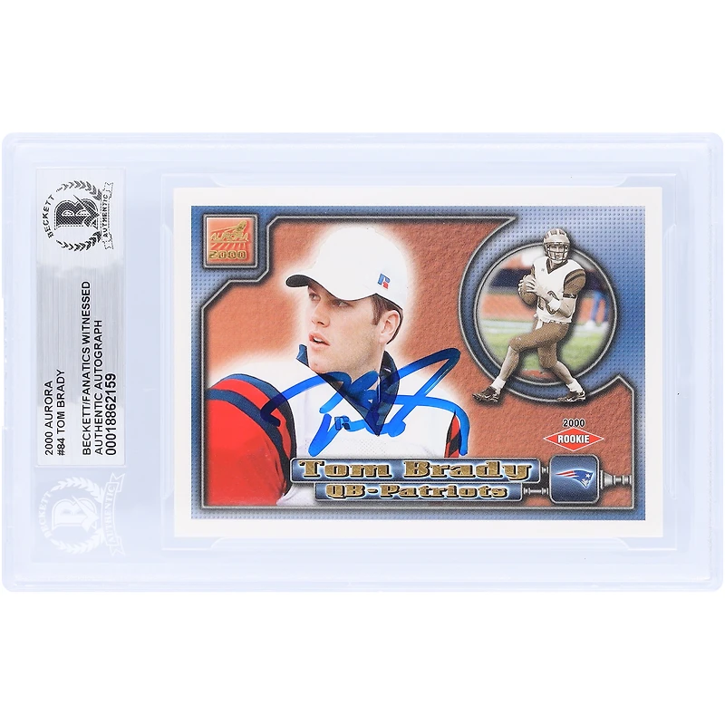 Carte de recrue authentifiée par Tom Brady, New England Patriots, 2000 Aurora #84, signée et certifiée par Beckett Fanatics Witnessed