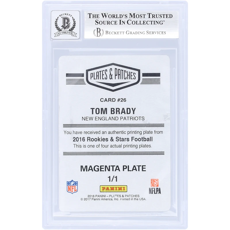 Carte autographiée de Tom Brady (New England Patriots) - Panini Rookies & Stars 2016, impression magenta, n° 26, n° 1/1, authentifiée par Beckett Fanatics Witnessed (10 cartes).