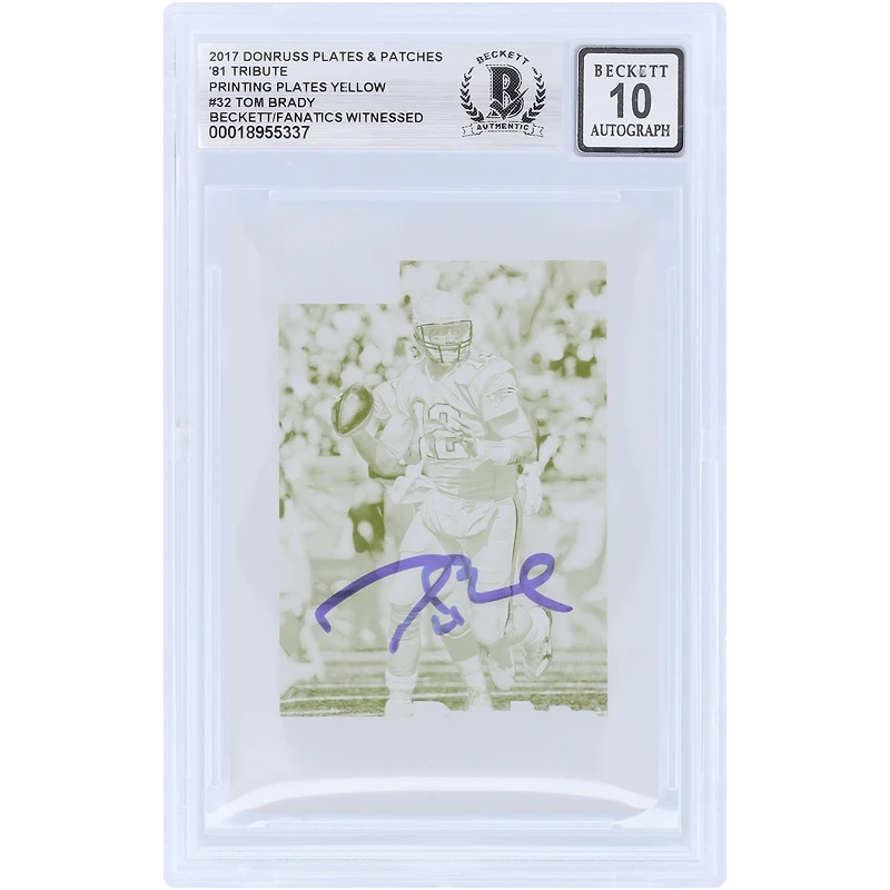 Tom Brady New England Patriots Autographed 2017 Panini Donruss Yellow Printing Plate #32 #1/1 Beckett Fanatics Witnessed Authenticated 10 Card