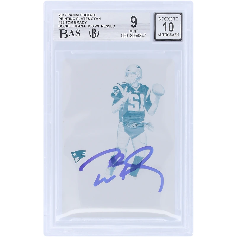 Tom Brady New England Patriots Autographed 2017 Panini Phoenix Cyan Printing Plate #22 #1/1 Beckett Fanatics Witnessed Authenticated 9/10 Card