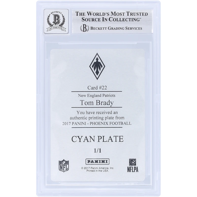 Tom Brady New England Patriots Autographed 2017 Panini Phoenix Cyan Printing Plate #22 #1/1 Beckett Fanatics Witnessed Authenticated 9/10 Card