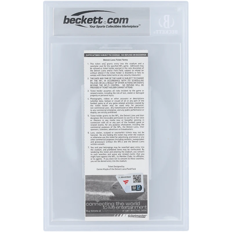 Billet authentifié par Tom Brady des New England Patriots (note de passeur parfaite) du match Beckett Fanatics Witnessed Auto 10 du 25 novembre 2010