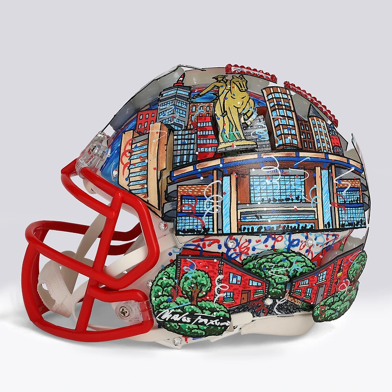 Casque miniature Riddell Speed ​​rétro 1990-92, autographié par Tom Brady (New England Patriots) - Signature à l'encre rouge - Illustration de Charles Fazzino - WN55916380