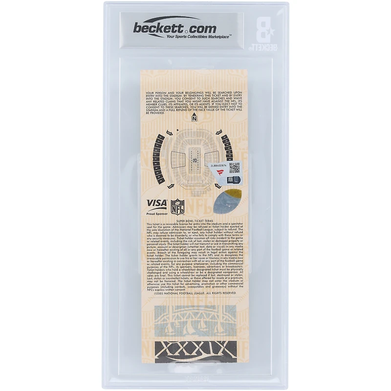 Billet autographié par Tom Brady, des New England Patriots, champions du Super Bowl XXXIX. Authentifié par Beckett Fanatics Witnessed le 9/10 du 6 février 2005.