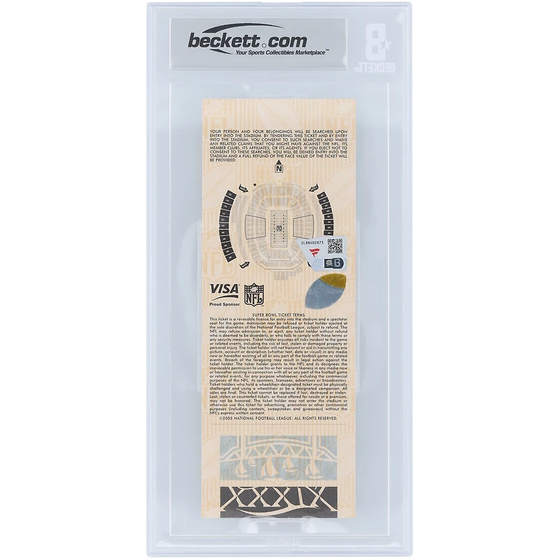 Billet autographié par Tom Brady, champion du Super Bowl XXXIX, avec les New England Patriots. Authentifié par Beckett Fanatics Witnessed (Auto 10) le 6 février 2005.