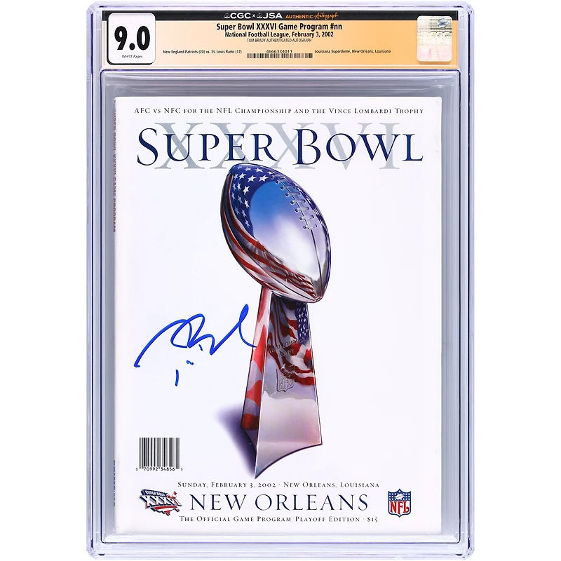 Programme du Super Bowl XXXVI du 3 février 2002, signé par Tom Brady (New England Patriots) et authentifié par CGC (note 9.0).