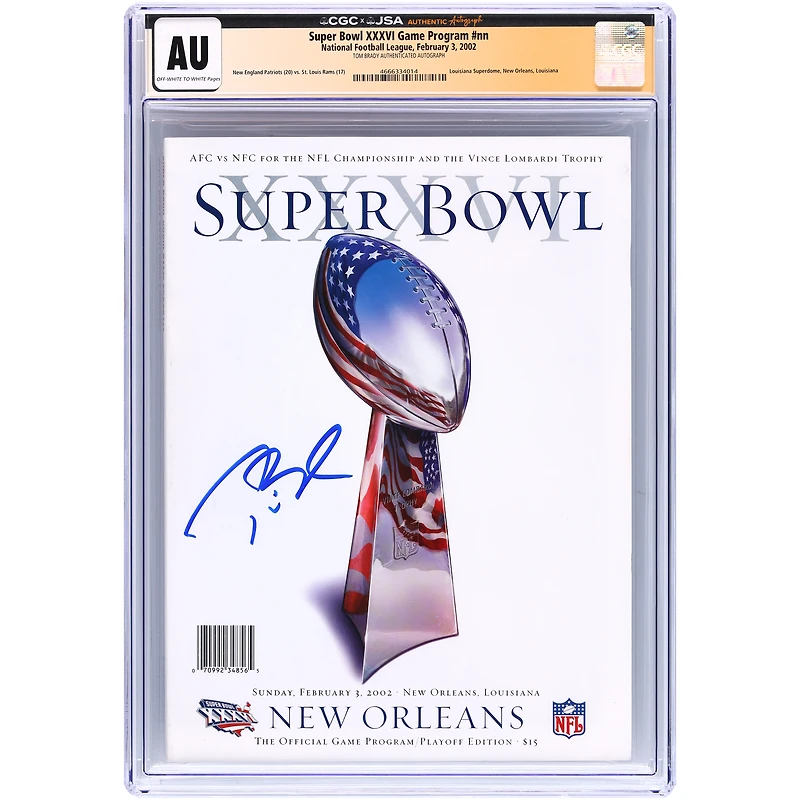 Tom Brady New England Patriots Autographed Super Bowl XXXVI CGC Authenticated Program from February 3