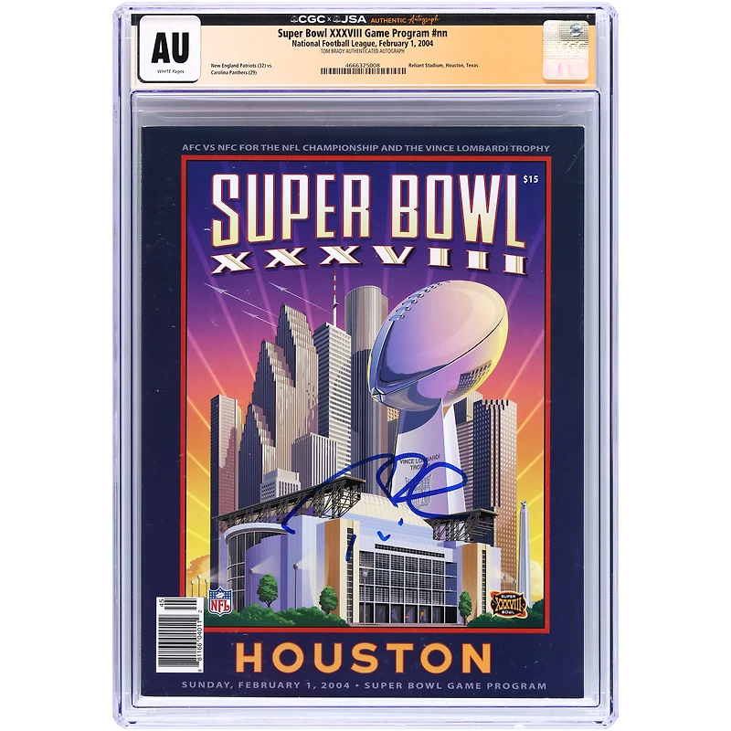 Programme authentifié par CGC et autographié par Tom Brady (New England Patriots) du Super Bowl XXXVIII du 1er février 2004