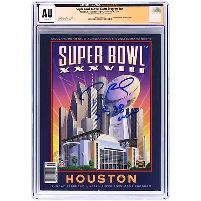 Programme du Super Bowl XXXVIII authentifié par CGC et signé par Tom Brady des New England Patriots, daté du 1er février 2004, avec inscription « MVP du SB 38 ».