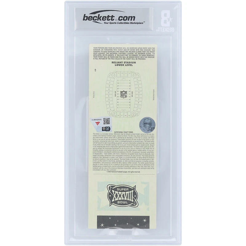 Billet autographié par Tom Brady, champion du Super Bowl XXXVIII et élu MVP des New England Patriots, authentifié par Beckett Fanatics Witnessed (n° 10) le 1er février 2004.