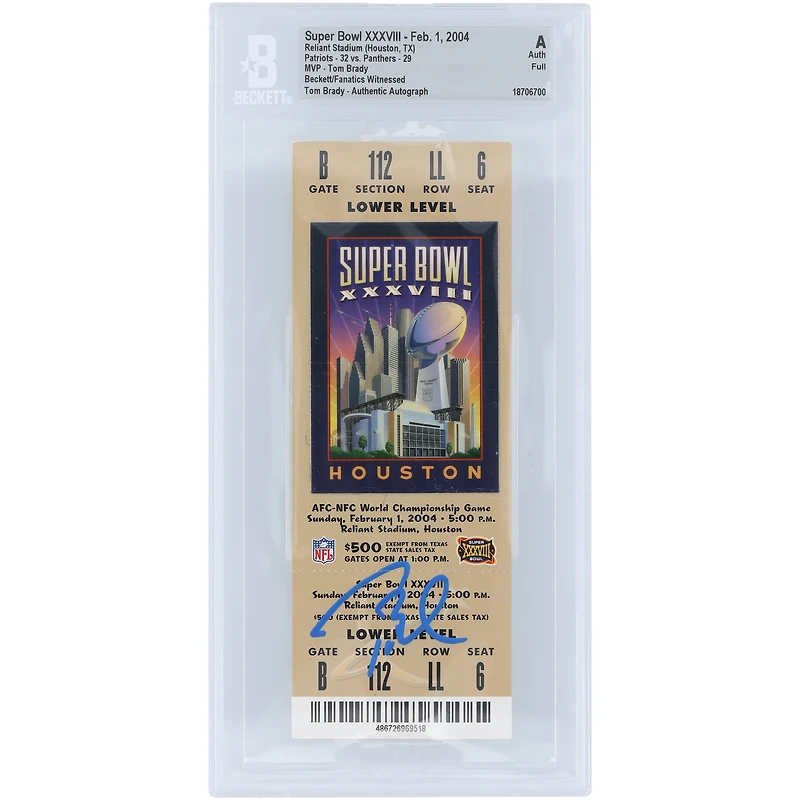 Billet authentifié par Tom Brady, champion du Super Bowl XXXVIII, élu MVP par Beckett Fanatics, lors du match des New England Patriots le 1er février 2004.