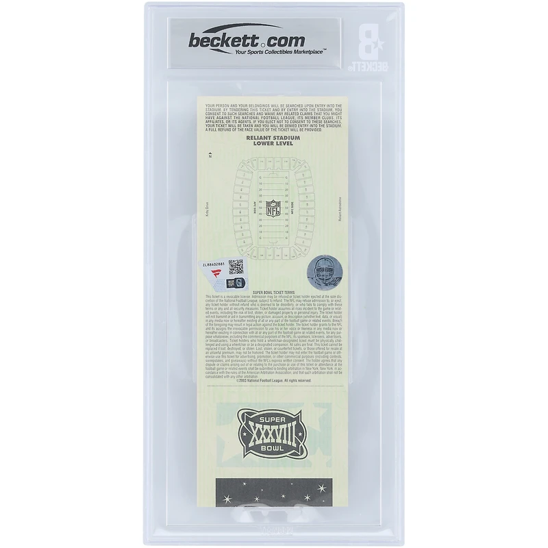 Billet authentifié par Tom Brady, champion du Super Bowl XXXVIII, élu MVP par Beckett Fanatics, lors du match des New England Patriots le 1er février 2004.