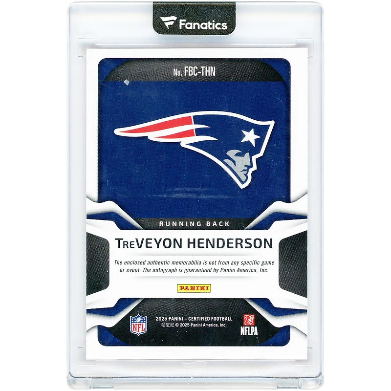 TreVeyon Henderson New England Patriots Autographed 2025 Panini Certified Freshman Fabric Relic Pink #FBC-THN #58/299 Rookie Card
