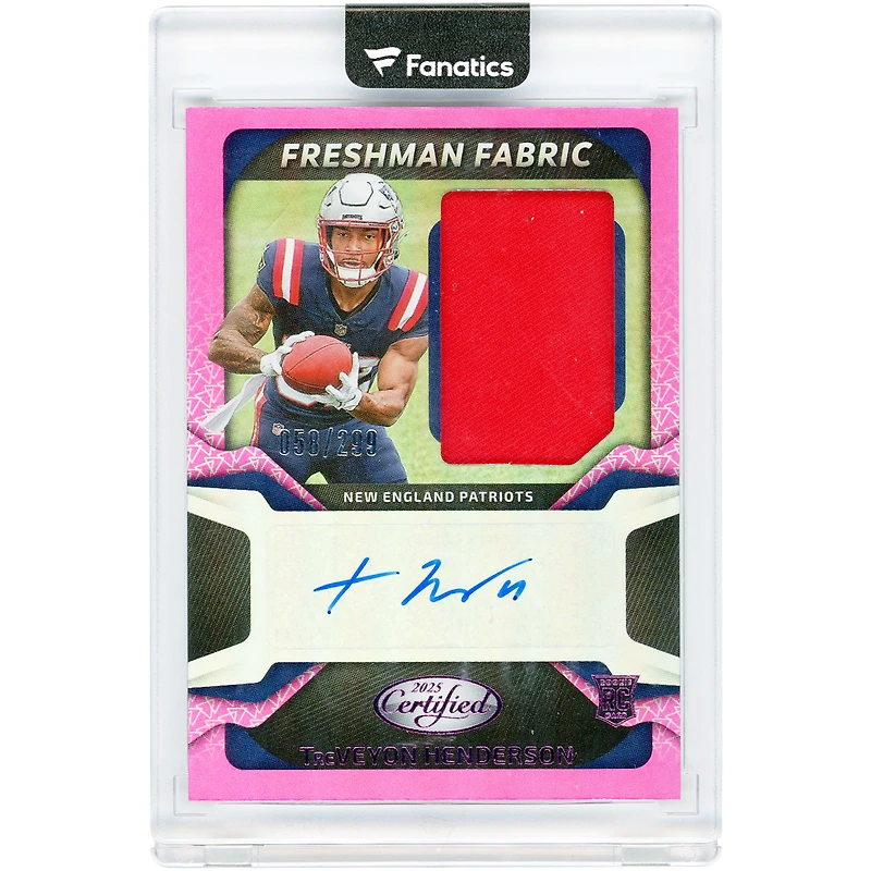TreVeyon Henderson New England Patriots Autographed 2025 Panini Certified Freshman Fabric Relic Pink #FBC-THN #58/299 Rookie Card