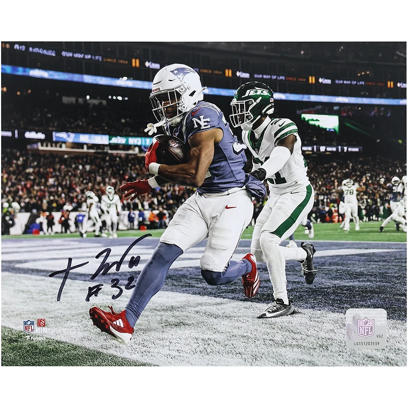 TreVeyon Henderson New England Patriots Autographed 8" x 10" Touchdown vs. New York Jets Photograph