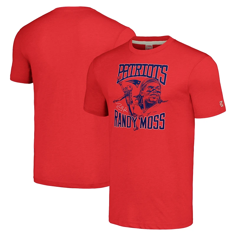 T-shirt unisexe rouge hommage à Randy Moss, caricature de joueur retraité des New England Patriots (mélange trois matières)