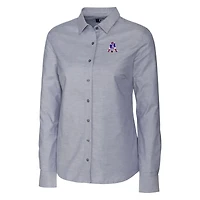 Chemise boutonnée à manches longues en tissu Oxford extensible et anthracite pour femme, avec logo rétro des New England Patriots, Cutter & Buck