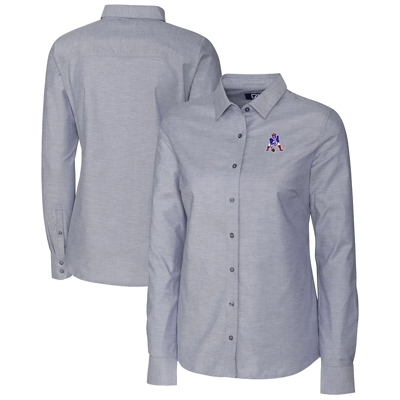 Chemise boutonnée à manches longues en tissu Oxford extensible et anthracite pour femme, avec logo rétro des New England Patriots, Cutter & Buck