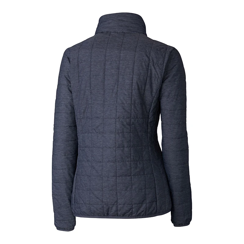 Doudoune isolante entièrement zippée Rainier PrimaLoft Eco pour femme, bleu marine chiné, avec logo du casque des New England Patriots, Cutter & Buck