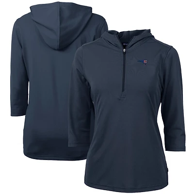 Women's Cutter & Buck Navy New England Patriots Virtue Eco Pique 3/4 Sleeve Half-Zip Pullover Hoodie
