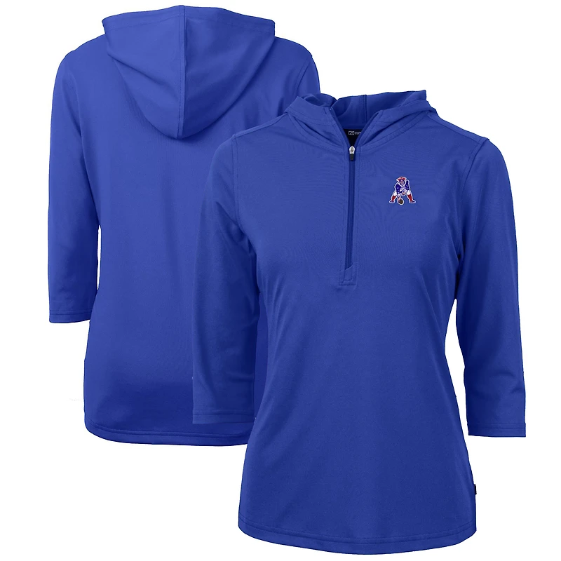 Women's Cutter & Buck Royal New England Patriots Throwback Logo Virtue Eco Pique 3/4 Sleeve Half-Zip Pullover Hoodie