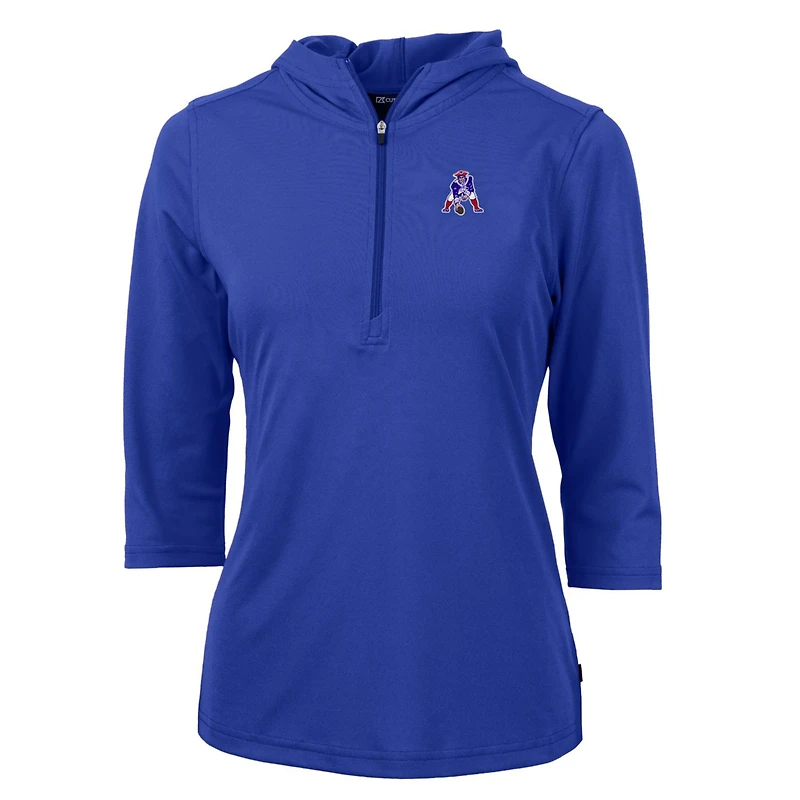 Women's Cutter & Buck Royal New England Patriots Throwback Logo Virtue Eco Pique 3/4 Sleeve Half-Zip Pullover Hoodie
