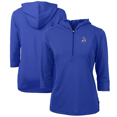 Women's Cutter & Buck Royal New England Patriots Throwback Logo Virtue Eco Pique 3/4 Sleeve Half-Zip Pullover Hoodie