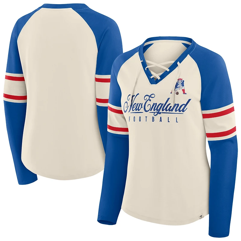 T-shirt à manches longues et col en V lacets pour femme, motif raglan, Hometown Gridiron Hero, New England Patriots, crème/bleu royal