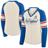 T-shirt à manches longues et col en V lacets pour femme, motif raglan, Hometown Gridiron Hero, New England Patriots, crème/bleu royal