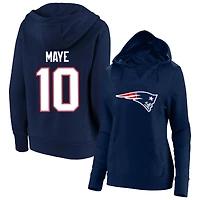 Sweat à capuche col en V Fanatics Drake Maye bleu marine New England Patriots pour femme, grande taille, avec nom et numéro du joueur