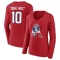 Women's Fanatics Drake Maye Red New England Patriots Team Authentic Throwback Player Nickname Name & Number Logo V-Neck Long Sleeve T-Shirt