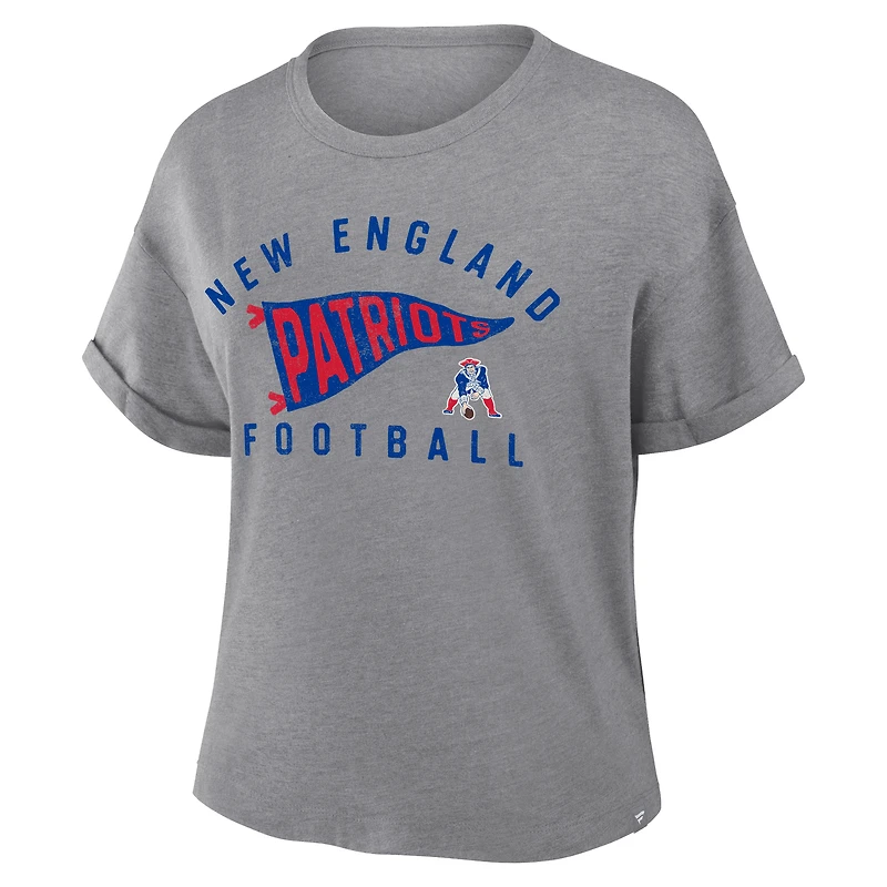 Women's Fanatics Heather Gray New England Patriots Pennant Wave Tribute Tri-Blend Boxy T-Shirt