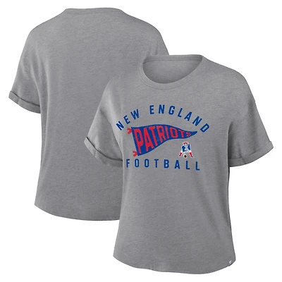 Women's Fanatics Heather Gray New England Patriots Pennant Wave Tribute Tri-Blend Boxy T-Shirt
