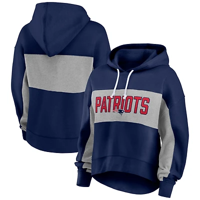 Sweat à capuche Fanatics pour femme, bleu marine/gris chiné, New England Patriots, avec fiche statistique.