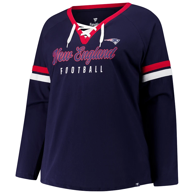 Women's Fanatics Navy New England Patriots Plus Won & Done Lace-Up V-Neck Long Sleeve T-Shirt