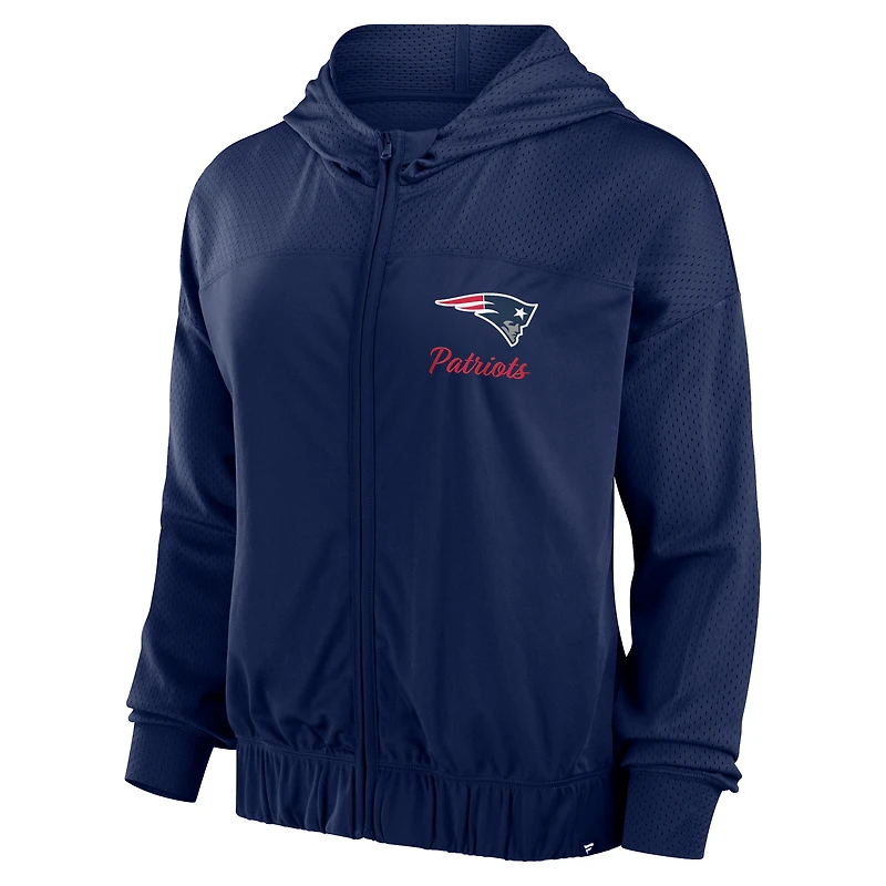 Sweat à capuche entièrement zippé Fanatics pour femmes, bleu marine, New England Patriots Script Lock
