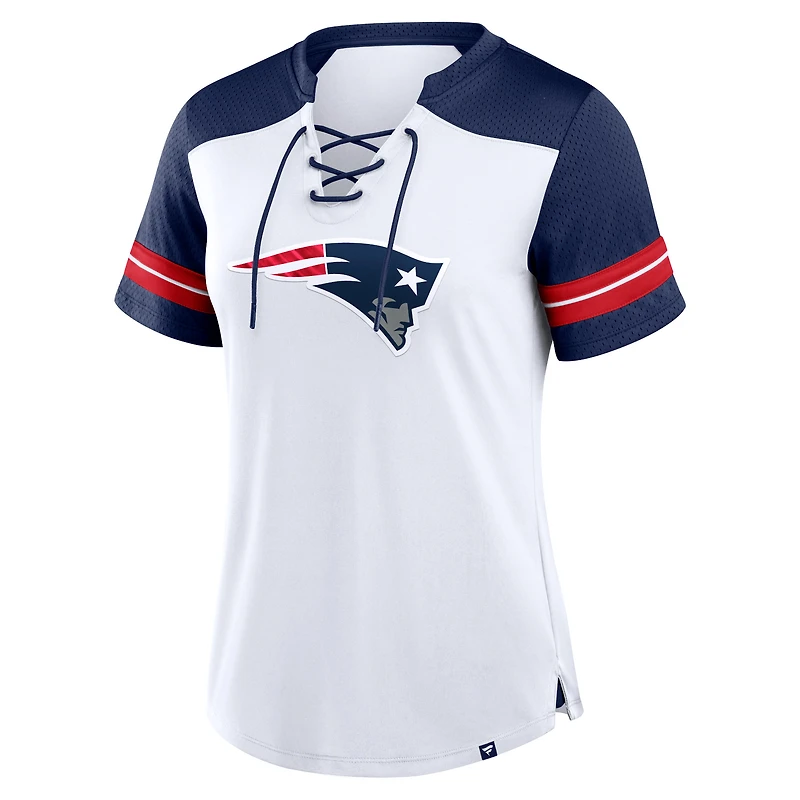 Women's Fanatics White/Navy New England Patriots Foiled Primary Lace-Up T-Shirt