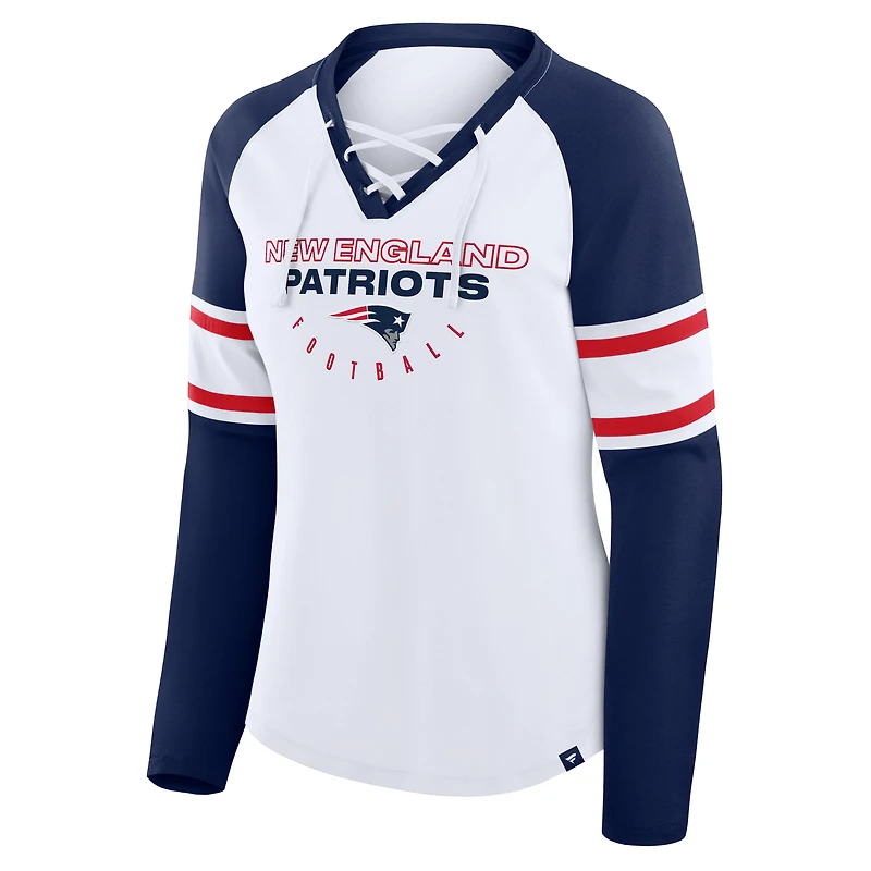 Women's Fanatics White/Navy New England Patriots Redzone Blitz Package Raglan Lace-Up V-Neck Long Sleeve T-Shirt