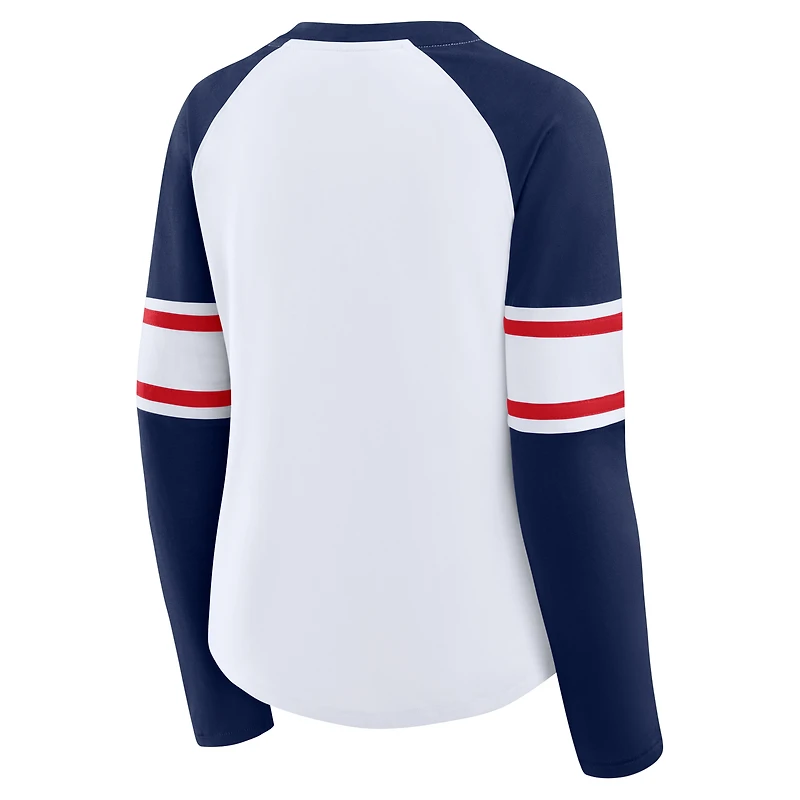 Women's Fanatics White/Navy New England Patriots Redzone Blitz Package Raglan Lace-Up V-Neck Long Sleeve T-Shirt