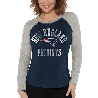 T-shirt à manches longues raglan en tricot gaufré pour femme G-III 4Her by Carl Banks bleu marine/gris chiné New England Patriots