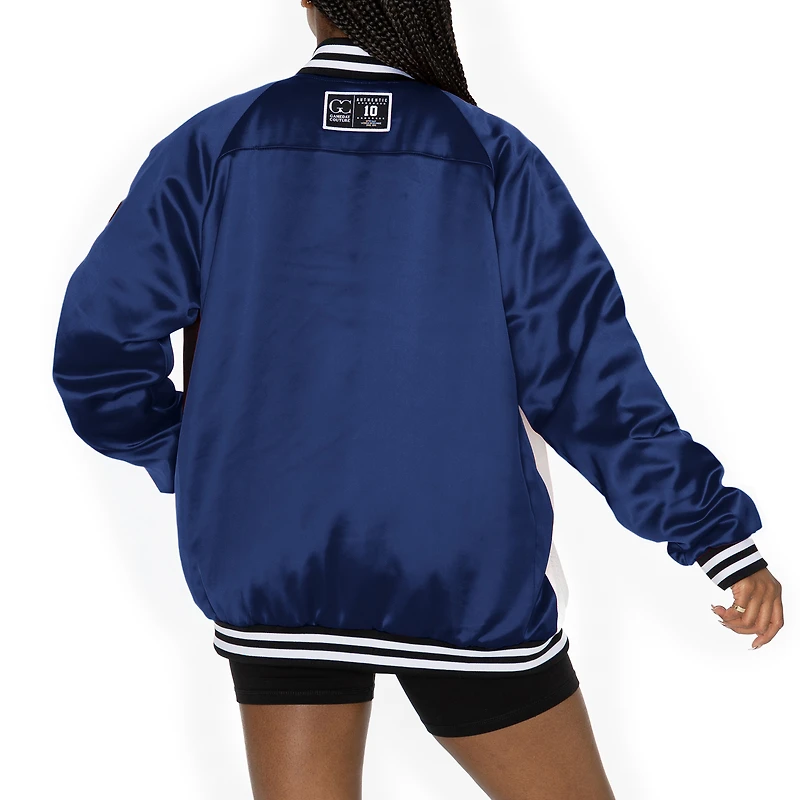 Women's Gameday Couture Navy/White New England Patriots Oversized Hot Shot Rhinestone Throwback Full-Snap Varsity Bomber Jacket