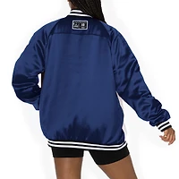 Women's Gameday Couture  Navy/White New England Patriots Oversized Hot Shot Rhinestone Throwback Full-Snap Varsity Bomber Jacket