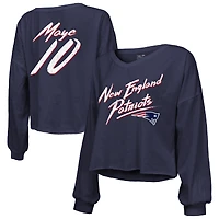 Women's Majestic Threads Drake Maye Navy New England Patriots Off-Shoulder Script Name & Number V-Neck T-Shirt