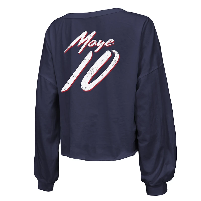 T-shirt à col en V Majestic Threads Drake Maye bleu marine New England Patriots pour femme, épaules dénudées, nom et numéro écriture cursive