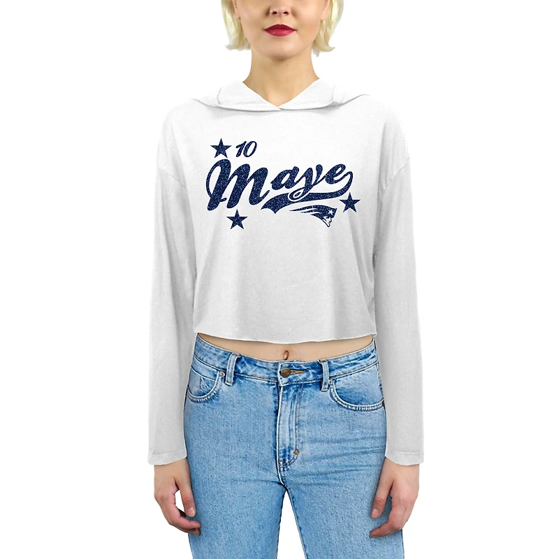 Women's Majestic Threads Drake Maye White New England Patriots Glitter Wordmark Hoodie