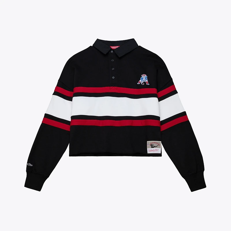 Polo de rugby court à manches longues Mitchell & Ness noir New England Patriots pour femme