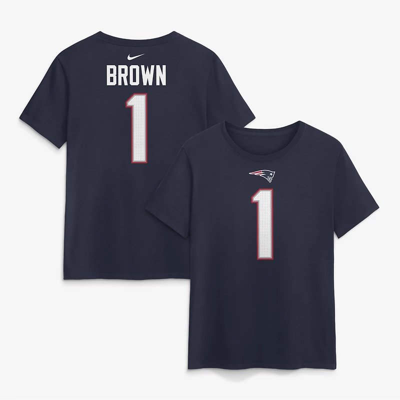 T-shirt Nike A.J. Brown bleu marine pour femme, New England Patriots, avec nom et numéro