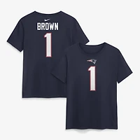 T-shirt Nike A.J. Brown bleu marine pour femme, New England Patriots, avec nom et numéro