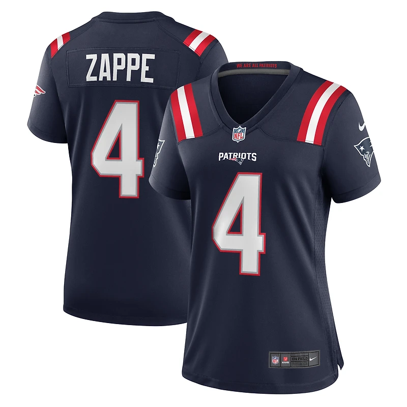 Maillot de match Nike Bailey Zappe bleu marine des New England Patriots pour femme