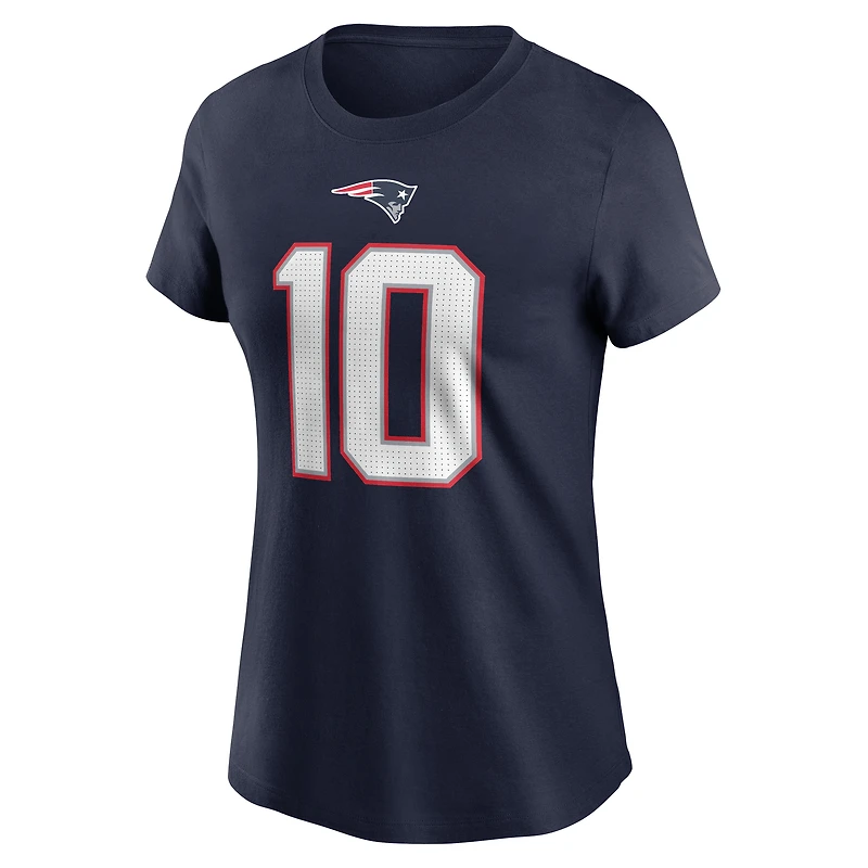 T-shirt Nike Drake Maye bleu marine avec nom et numéro des New England Patriots pour femme